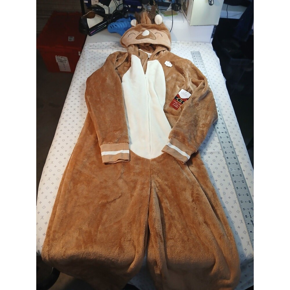 North Pole Trading Co Unisex Reindeer Costume Pajamas XL White Plush Hooded